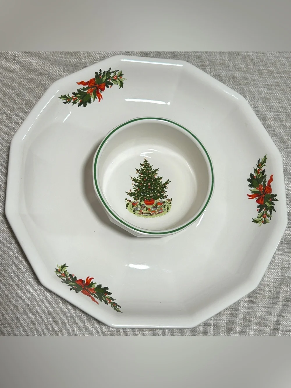 Pfaltzgraff White Chip & Dip Set with Green and Red Holiday Tree Motif